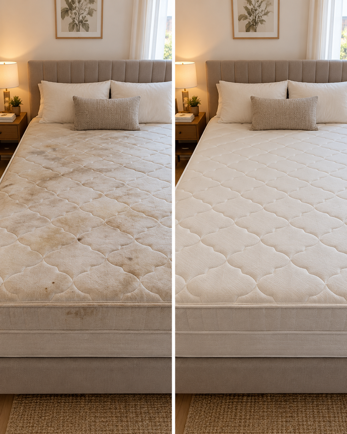 Cama e colchão antes e depois da higienização