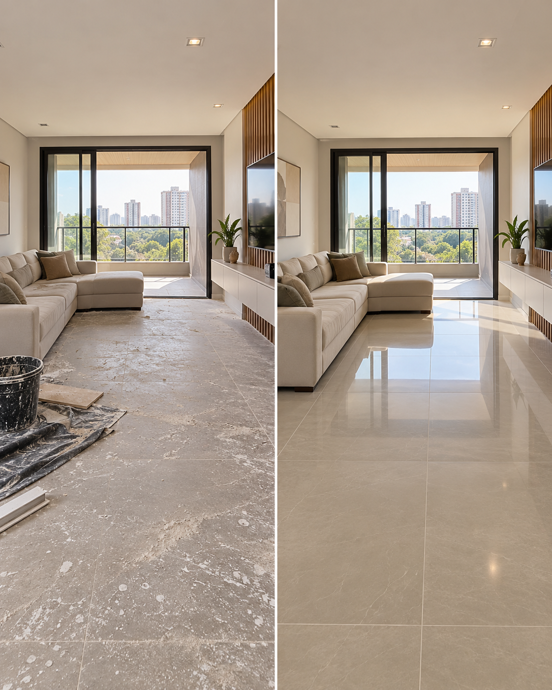 Ambiente antes e depois da limpeza pós-obra